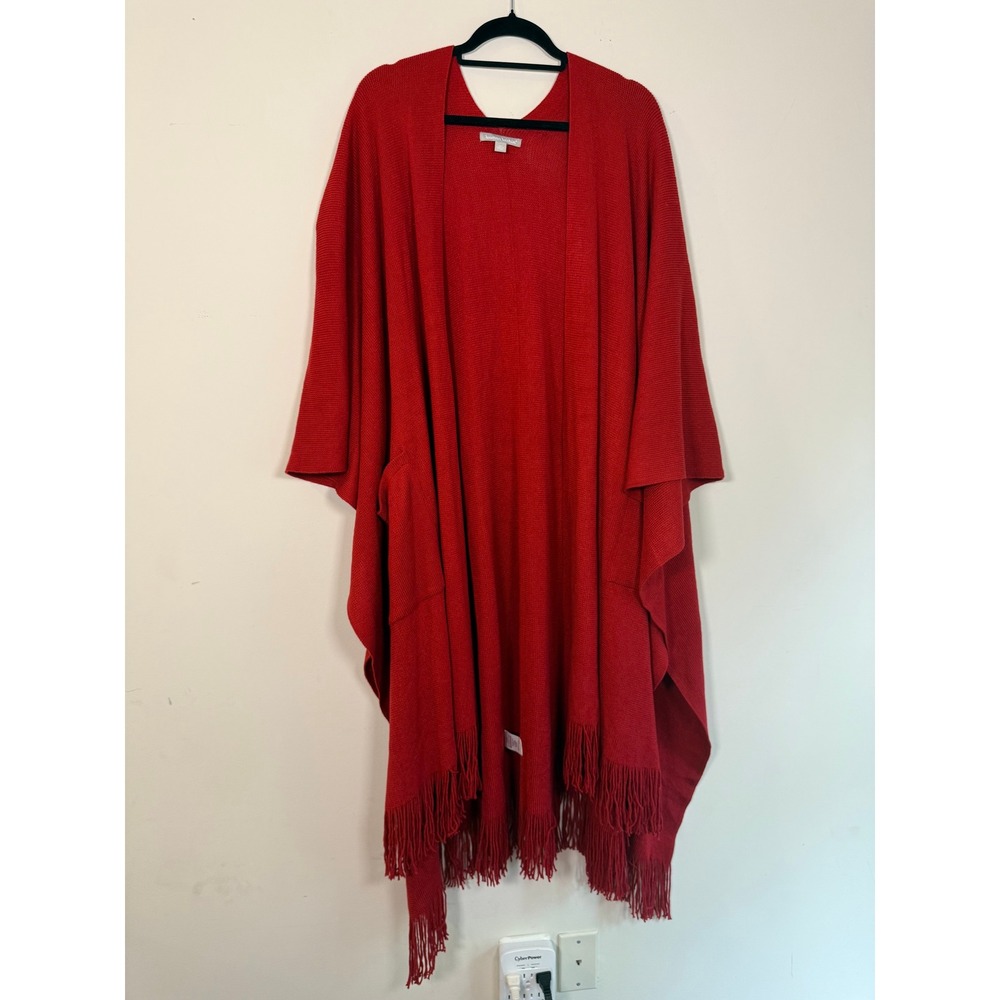 Woman Within Womens Red Knit Poncho Cardigan Fringe Pockets One Size Acrylic